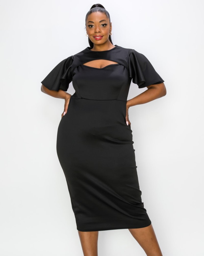 Front of a model wearing a size 1X Millie Cutout Flutter Dress in Black by L I V D. | dia_product_style_image_id:241071
